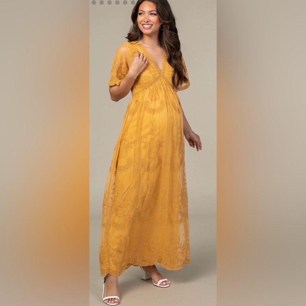 PinkBlush Mustard Lace Mesh Overlay Maternity Maxi Dress